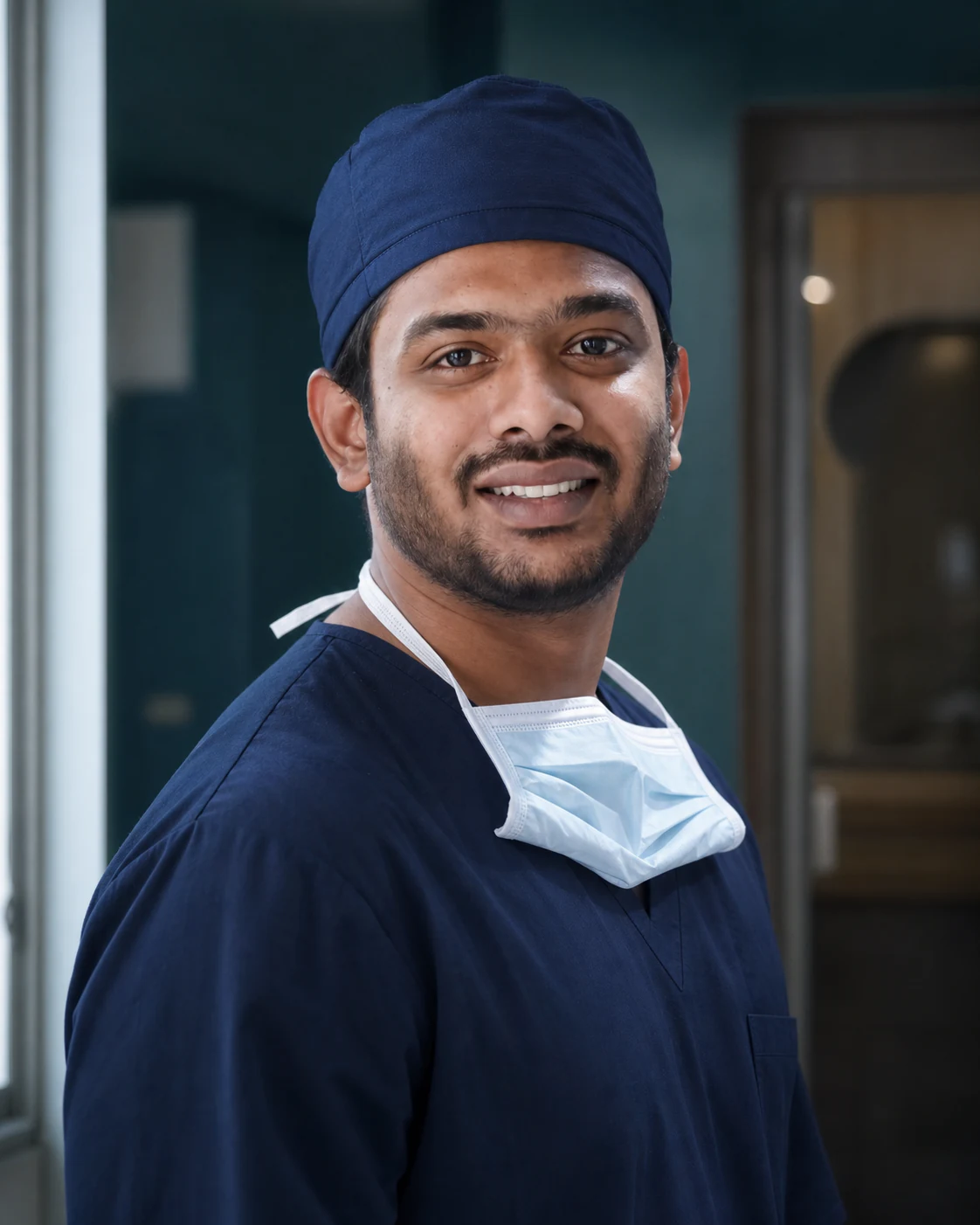 Portrait of Dr. Sasank Sai Ravi in surgical scrubs with a mask at the neck.